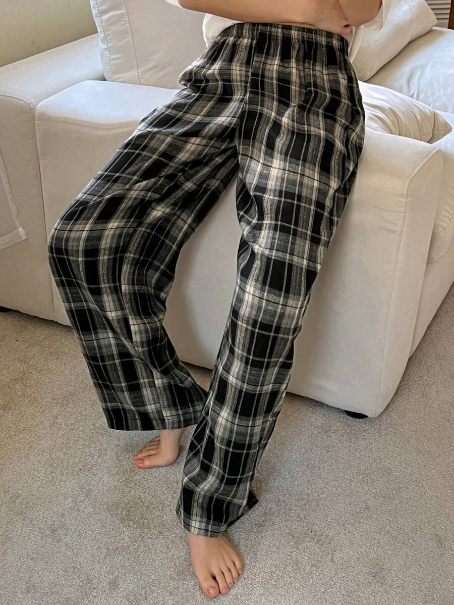 DAZY Women's Elastic Waist Plaid Casual Loose Fit Loungewear Cozy Pants, For Pajama, Fall & Winter - Grey - View 1