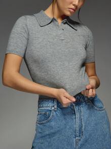 MISSGUIDED Cropped Knitted Polo Sweater Short Sleeve Ribbed Collared Top Classic Casual Y2K Summer Spring Fashion - Dark Grey - View 4