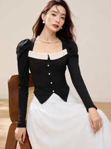 EastFlair Women Elegant Solid Black Christmas Long Sleeve Top, Korean Style Princess Sleeve Asymmetrical Hem Color Block Blouse, Winter/New Year Wear