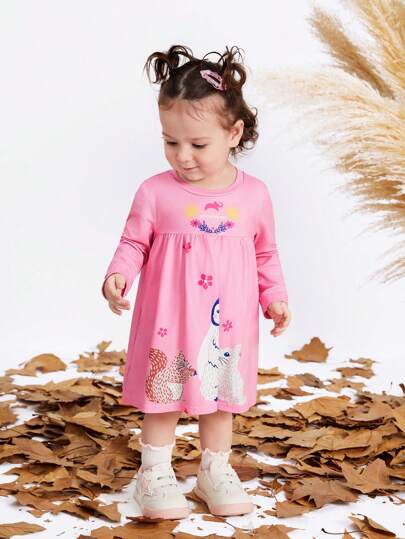 Animal Planet X SHEIN Baby Girl Tecknad Djur Pingvin Ekorre Kanin Blommönster Rosa Söt Söt Långärmad Klänning