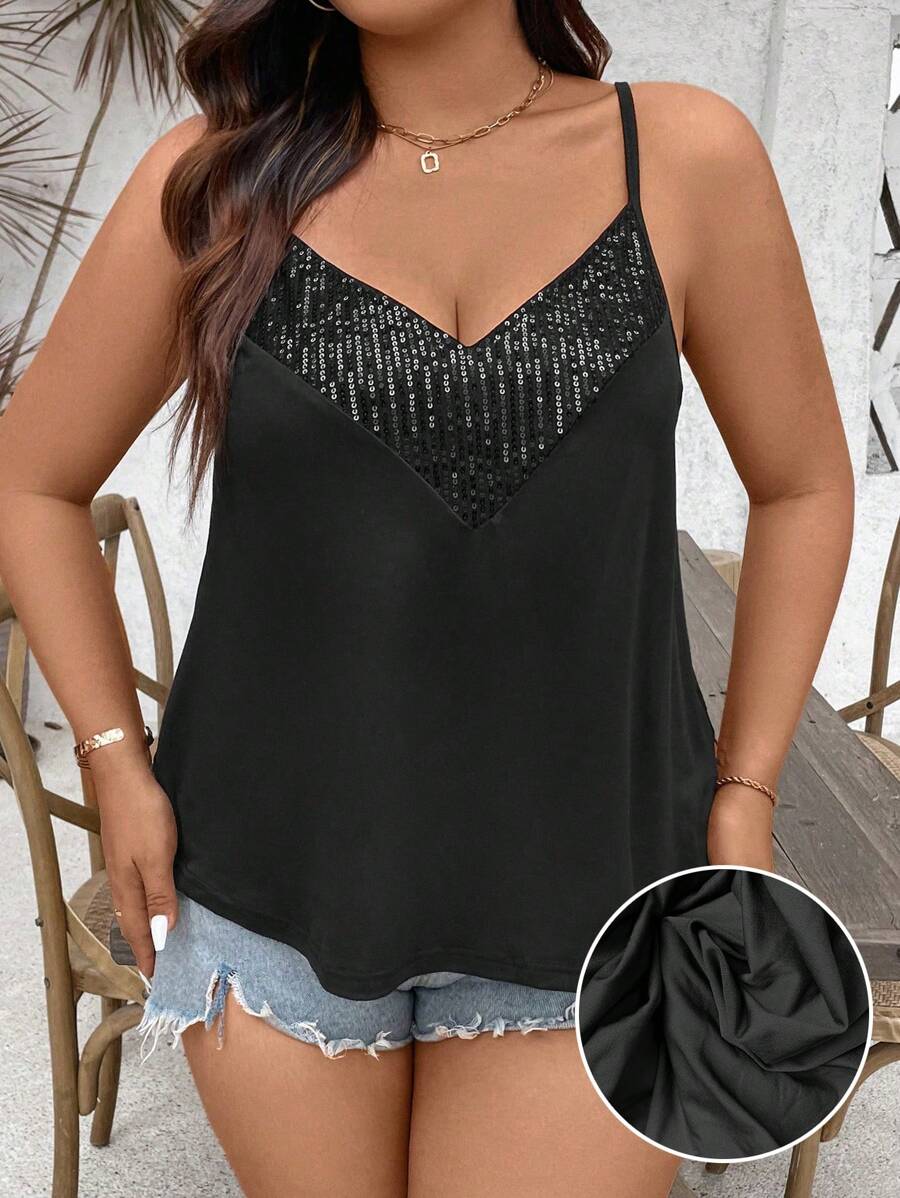 Breezaya Plus Size Letnia Swobodna Jednolity Kolor Błyszczący Cekinowy Patchworkowy Top Camisole