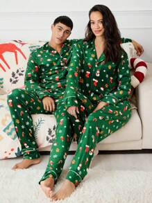 Manfinity VCAY 2pcs Unisex Velvet Long Sleeve Shirt And Straight Leg Pants Set, Suitable For Autumn/Winter, For Christmas - Green - View 6