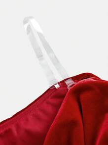 SHEIN 青少年女孩红色天鹅绒露肩褶饰吊带时尚休闲派对优雅连衣裙，适合圣诞节、新年派对、生日庆祝、公主裙 - 紅色 - 查看 3