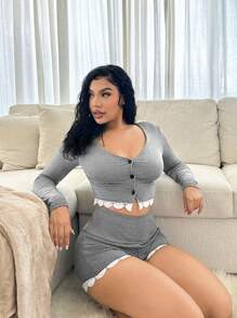 SHEIN SXY 2 Stücke grauer, warmer, weicher Cardigan und hochgeschnittene Shorts mit Spitzeneinsatz, Herbst/Winter - Grau - Übersicht 3