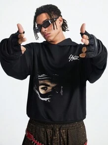 Manfinity NXTstreet Men's Letter & Figure Print Long Sleeve Hooded Sweatshirt, Autumn/Winter - Black - View 5