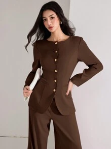 SHEIN PETITE CURVE Plus Size Women's Elegant Solid Color Fitted Jacket And Pants Suit Set, Chocolate Brown Modern Suiting 2 Pieces Set Autumn Winter Clothes For Women