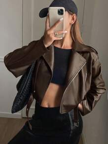 DAZY 女士宽松休闲机车风PU皮夹克，长袖，秋季服装 - 棕色 - 查看 6