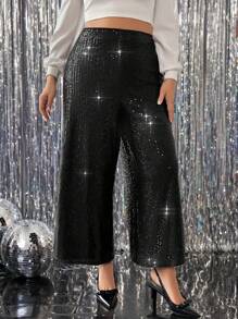SHEIN Essnce 大码女士派对阔腿裤，亮片裤优雅女装，亮片裤 - 黑色 - 查看 1