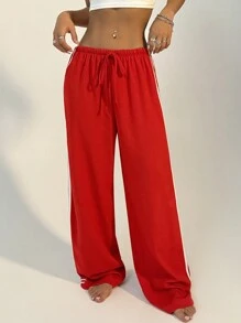 SHEIN Unity Casual Drawstring Striped Waist Straight-Legged Shorts For New Year Clothes Fall Cloth For Women - Red - View 6