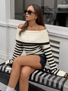 SHEIN Unity Women's Striped Foldover Off Shoulder Long Sleeve Knit Sweater Knit Pullover Fall Winter - Black and White - View 4