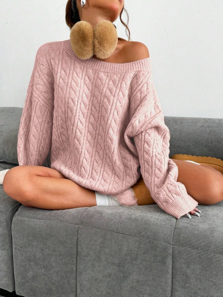 SHEIN Unity Women Autumn/Winter Vintage Loose Dropped Shoulder Oatmeal Thick Knit Sweater, Casual Street Wear Knit Pullover Fall Sweater - Pink - View 1