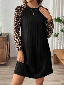 SHEIN LUNE 女士纯色拼布圆领长袖休闲短裙 - 彩色 - 查看 3