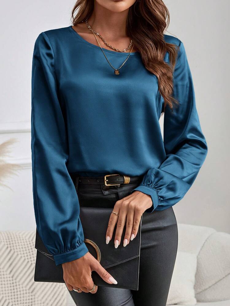 Chemise à manches longues, chemise élégante rose à manches longues et col rond pour femmes