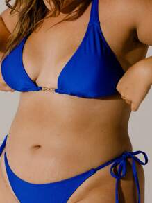 Aralina Plus Size Curve Vibrant Blue Solid Front Gold Trim Detail Halter Neck Triangle Bikini Set With Swim Bag Summer - Blue - View 4