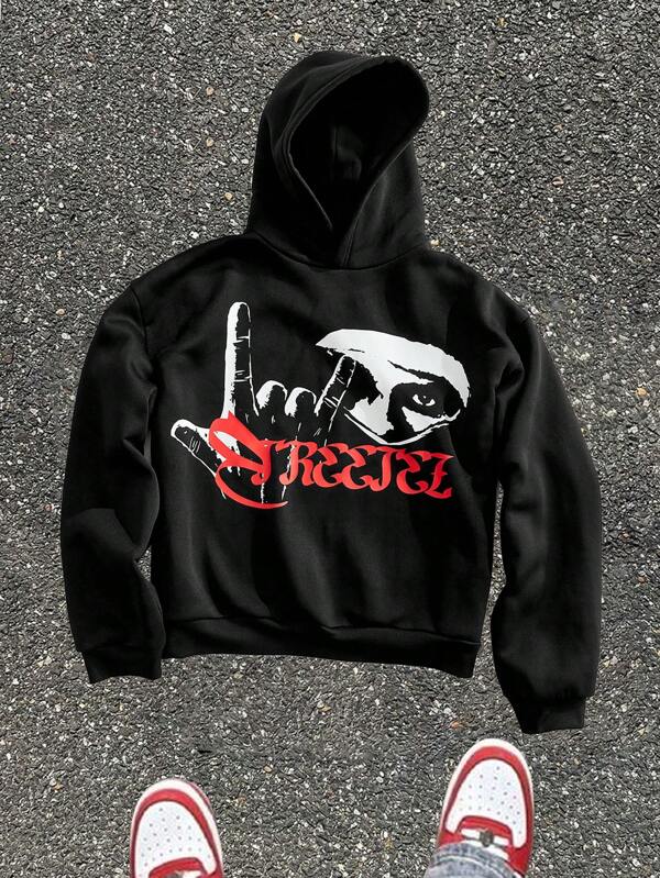 Manfinity VCAY Men's Casual Loose Letter Print Knit Long Sleeve Hoodie, Autumn Graphic Long Sleeve Black Hoodie, For Friends, Husband, Boyfriend Gifts, For Fall Winter