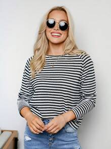 Wildy Women's Casual Loose Fit Black & White Striped Long Sleeve T-Shirt, Nautical Style, Autumn - Black and White - View 3