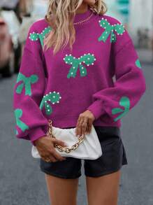 SHEIN LUNE 女士休闲蝴蝶结装饰立领落肩长袖套头毛衣，秋冬针织套头衫 - 紫色 - 查看 5