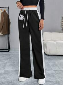 SHEIN LUNE Women's Casual Black & White Contrast Floral 3D Straight Leg Sweatpants Fall Cloth For Women