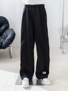 青少年男孩直筒运动裤，拼接设计，简约日常穿着，保暖内衬，适合秋冬季 - 黑色 - 查看 1