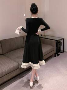 DAZY Mid-Length Color Block Ruffle Hem Dress For Women, Suitable For Dates Prom Dress,Fall Dress Elegant Women Dresses - Black - View 2