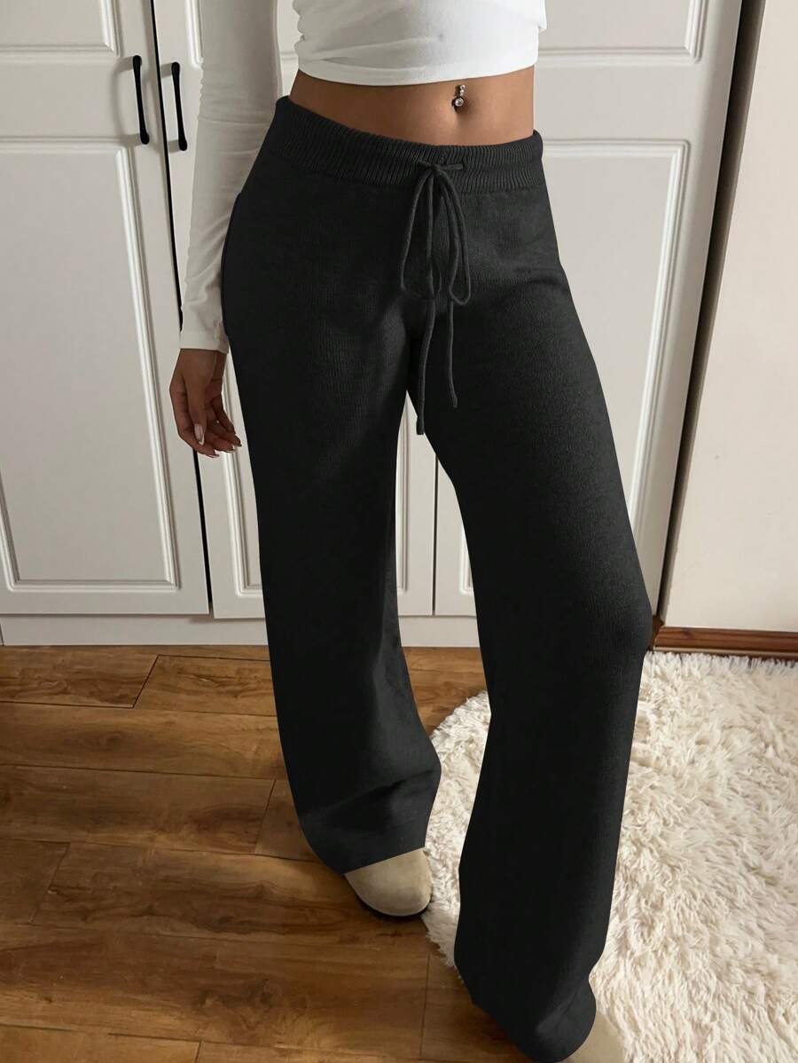 SHEIN EZwear Drawstring Loose Knit Pants, Solid Color Simple Casual Everyday Wear - Black - View 1