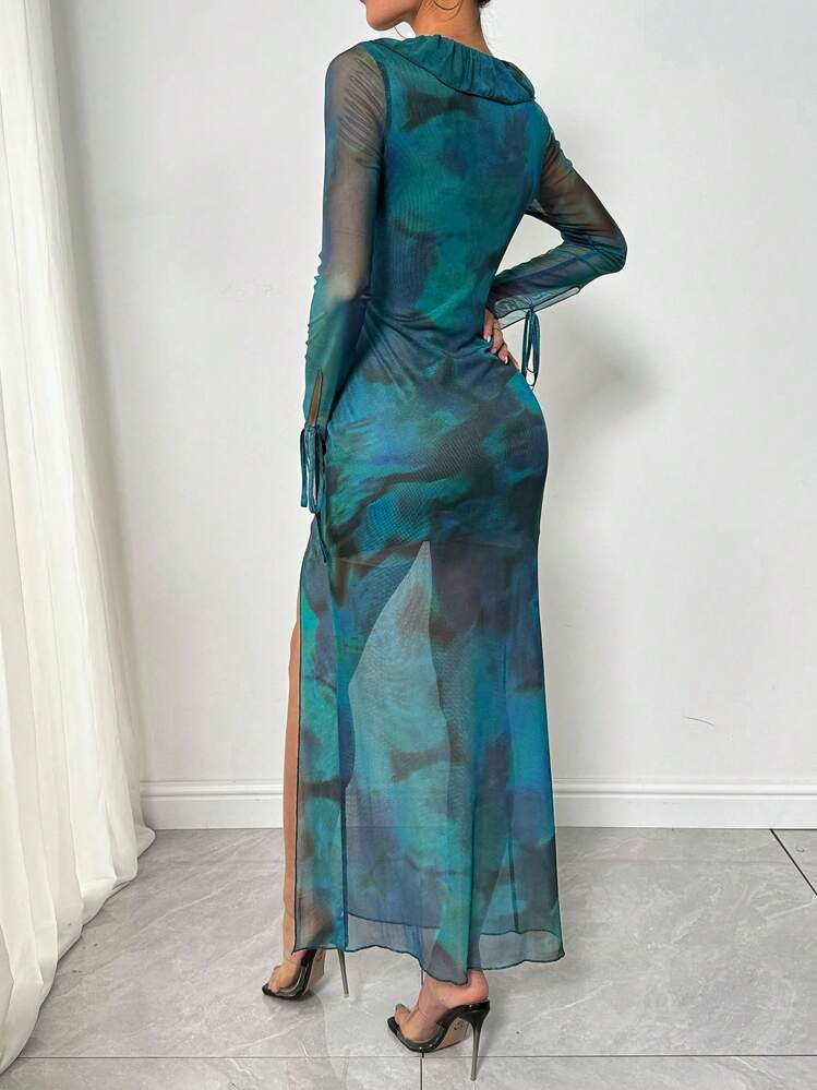 Zolique Vestido maxi de Body ceñido con volantes y abertura para mujer con estampado tie-dye - Verde - Añade 2