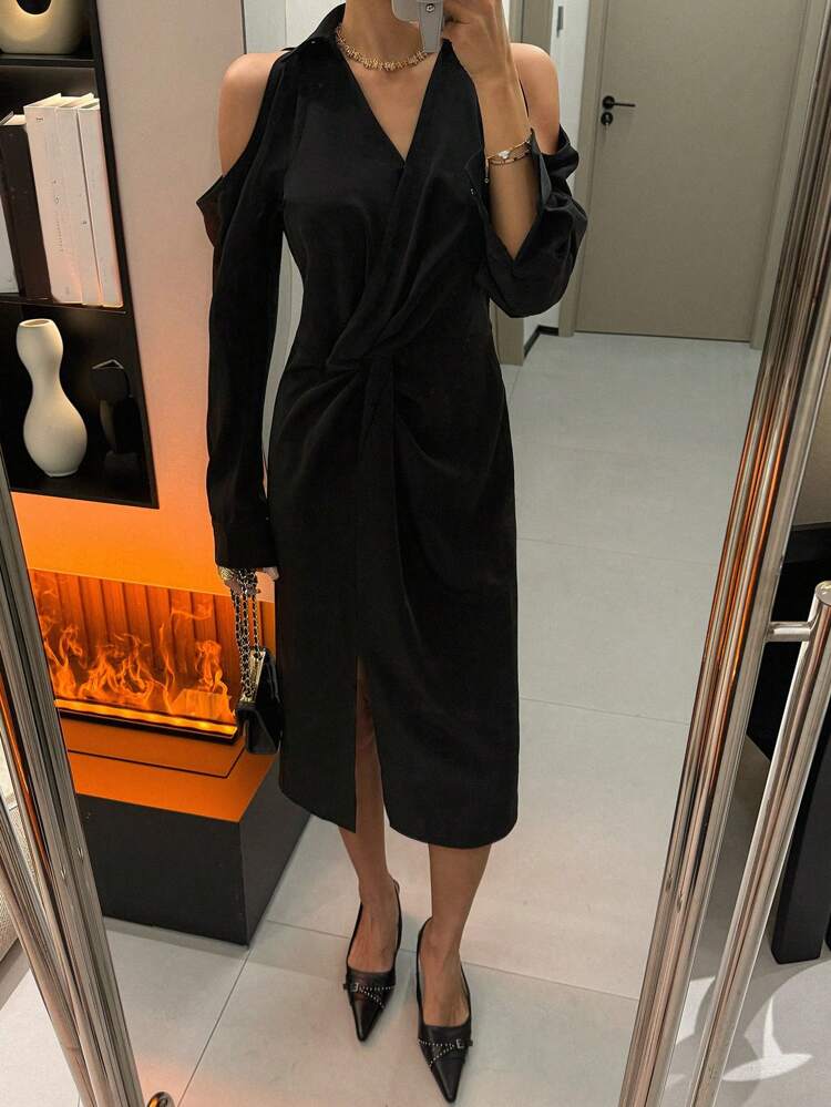Waist Twist Cut-Out Shoulder Party Little Black Dress Midi Dress For Women, Fall Dress Long Sleeve Dress
