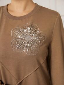 Mulvari Embroidered Beaded Ribbed Sleeve Round Neck Dress Sweatshirt For Women, Autumn/Winter - Mocha Brown - View 7