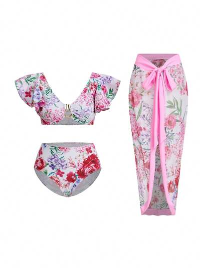 Swim Oasis 3pcs Summer Vacation Deep V Slimming TUMMY CONTROL Mesh Trim Bikini Set