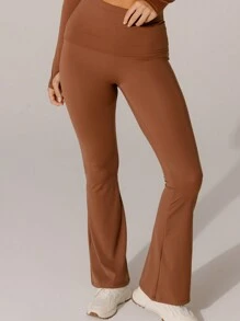 Aralina 时尚巧克力棕色翻边喇叭裤运动瑜伽裤 - 駝色 - 查看 7