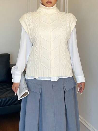 Flirla Plus Size Enfärgad turtleneck lös tröja väst, ledigt dagligt slitage texturerad tröja stickad tröja