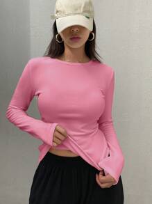 DAZY 女士纯色圆领粉色长袖简约T恤，休闲日常穿着，秋季学院风上衣，保暖内衬，冬季 - 玫紅色 - 查看 4