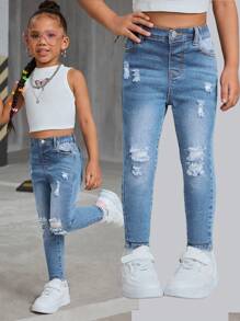 SHEIN Young Girl' Blue Denim Ripped Skinny Jeggings,Girl Fall Clothes - Light Wash - View 1