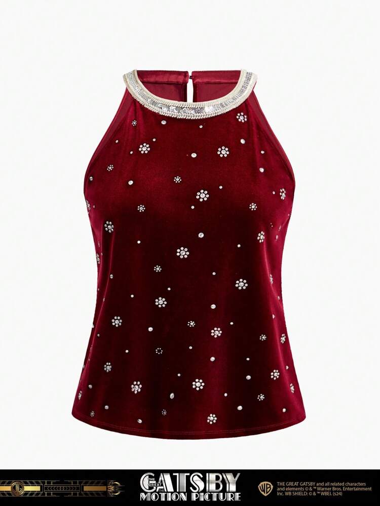 The Great Gatsby x MOTF VELVET RHINESTONE DETAIL HALTER TOP