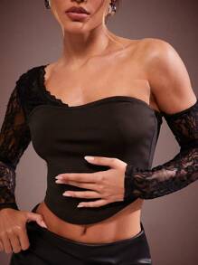 Hauture Women's Fashion Sexy Contrast Lace Asymmetrical Neck Top - Black - View 5
