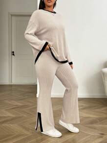 SHEIN EZwear 2 件/套加大码撞色边罗纹针织圆领长袖上衣和开衩长裤，女士冬装 - 杏色 - 查看 4