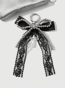 ROMWE Kawaii 1 chiếc Y2K phong cách Gothic đính hạt thủ công CCB bạc, nơ lưới ren đen, mặt dây chuyền hình thánh giá rỗng móc khóa túi xách, phù hợp cho phụ nữ/bé gái mặc hàng ngày, quà tặng ngày lễ tình nhân, Halloween - màu đen - Xem 7