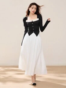 EastFlair Women Elegant Solid Black Christmas Long Sleeve Top, Korean Style Princess Sleeve Asymmetrical Hem Color Block Blouse, Winter/New Year Wear