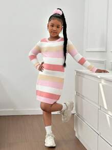 SHEIN Tween Girls' Loose Casual Minimalist Comfy Crew Neck Pullover Colorful Striped Sweater Dress