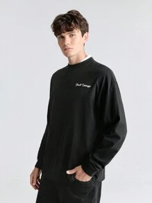 Ontre Men's Letter Print Contrast Trim Round Neck Casual Long Sleeve T-Shirt - Black - View 1