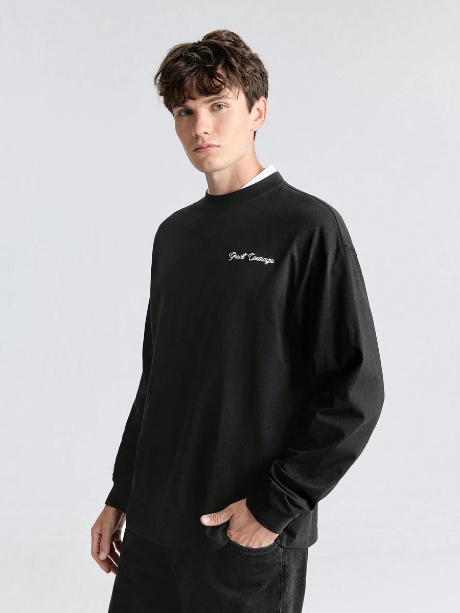 Ontre Men's Letter Print Contrast Trim Round Neck Casual Long Sleeve T-Shirt - Black - View 1