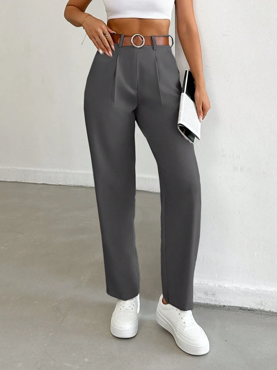 EURMUSE Women Solid Color Pleated Straight Loose Daily Casual Commuting Long Pants - Dark Grey - View 1