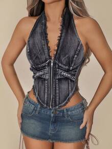 SHEIN ICON Women Deep V-Neck Sleeveless Backless Denim Fringe Crop Tops - Rust Brown - View 1