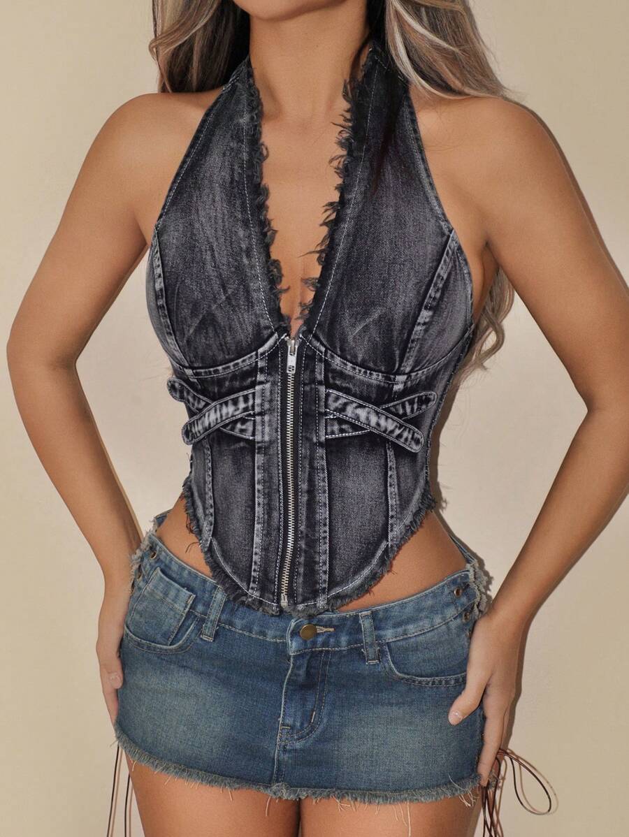 SHEIN ICON Women Deep V-Neck Sleeveless Backless Denim Fringe Crop Tops - Rust Brown - View 1