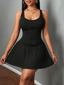 Slaydiva Women's Open Shoulder Wide Strap Solid Color Minimalist Casual Short Sexy Dress