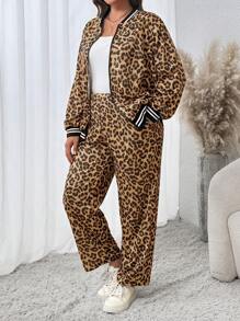 Conjunto de 2 piezas para mujer talla grande, con manga larga estampado de leopardo, moda retro estadounidense, diseño elegante, corte holgado, efecto adelgazante, atuendo versátil para otoño/invierno para ropa de fiesta de Año Nuevo