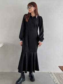 FRIFUL 女士条纹 Polo 领长袖 A 字形休闲针织毛衣连衣裙，适合秋冬季 - 黑色 - 查看 5