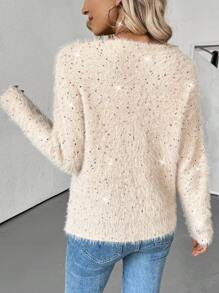 Chiquease Women's Apricot V-Neck Sequins Mink Fur Thick Warm Pullover Sweater Knit Pullover Fall Winter - Apricot - View 2