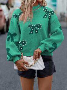 SHEIN LUNE Women's Bow Decor Stand Collar Drop Shoulder Long Sleeve Sweater For Autumn/Winter Knit Pullover Fall Sweater - Green - View 6