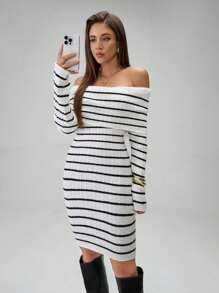 SHEIN Unity Women Casual Colorblock Stripe Off Shoulder Long Sleeve Bodycon Sweater Dress, Fashionable & Sexy - Black and White - View 4